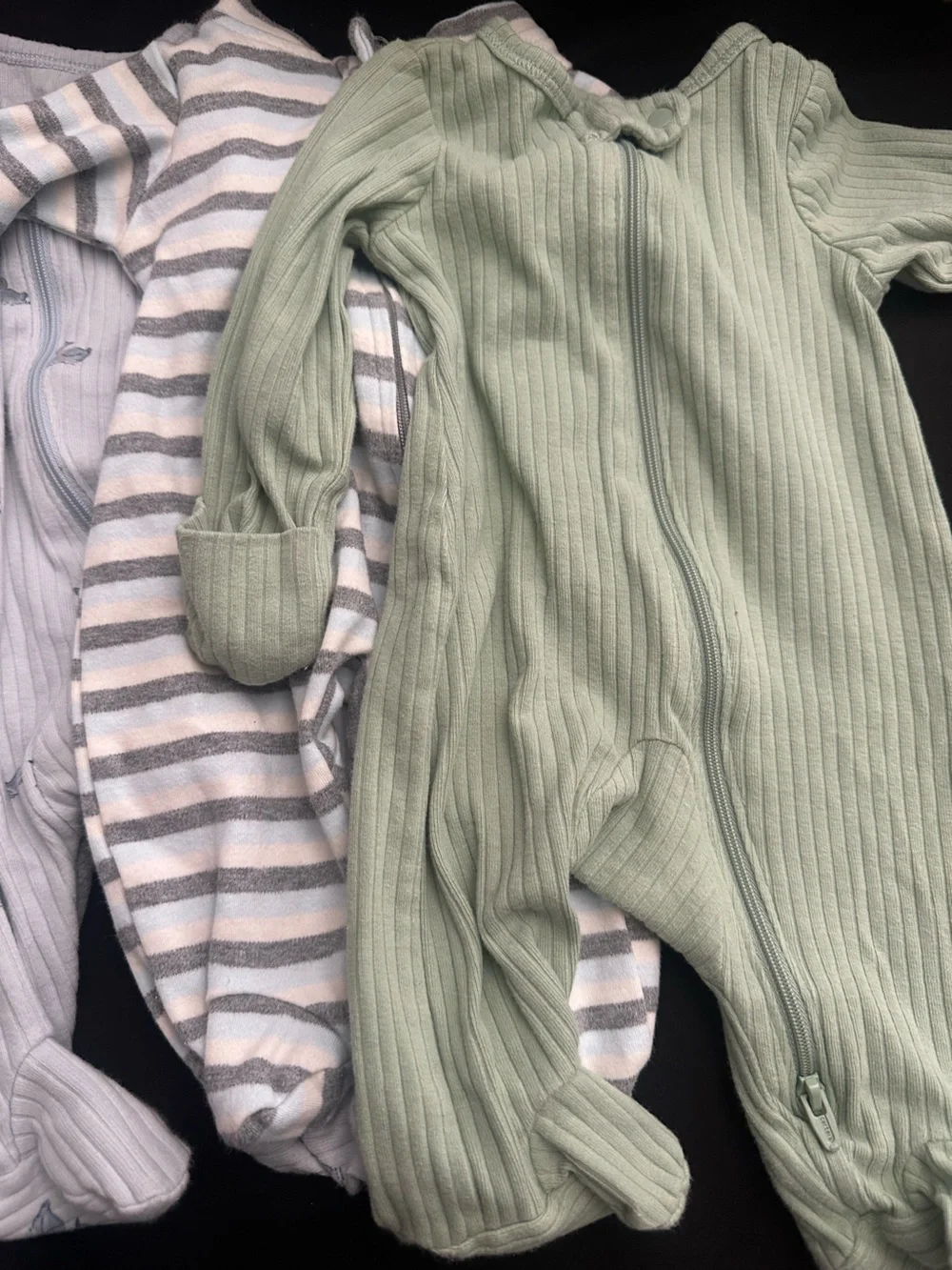 4 Newborn Baby Ribbed Footed One-Piece - Green, Gray & Ivory Stripes